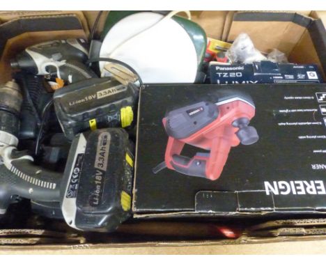 Selection of power tools to include Panasonic EY7950 18V drill and Panasonic EY7550 18V drill, both with Li-ion 18V 3.3Ah bat