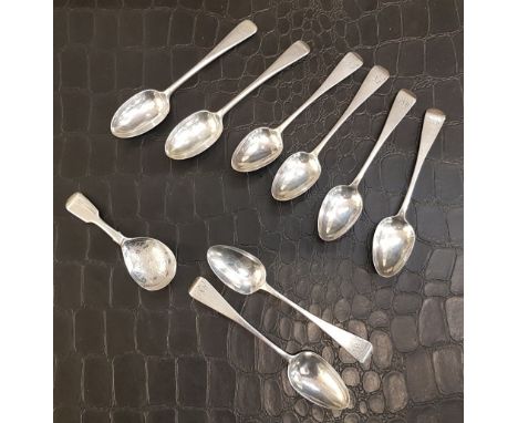 Set of 6 sterling silver teaspoons dating to 1839 London, together with a pair of sterling silver teaspoons and caddy spoon, 