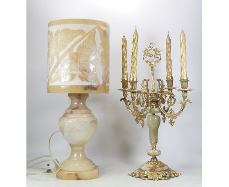 Large Alabaster Lamp, Height 57cm also Four Branch Marble &amp; Gold Effect Candle Holder 50cm(2)