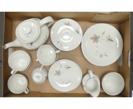 Royal Doulton 27 piece tea service in the Tumbling Leaves pattern consisting of a teapot, milk jug and sugar bowl, 6 cups, sa