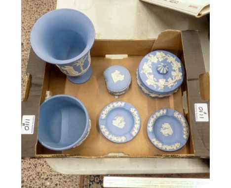 Wedgwood powder blue jasper ware including a flared vase, small planter, lidded circular box etc (6 pieces).