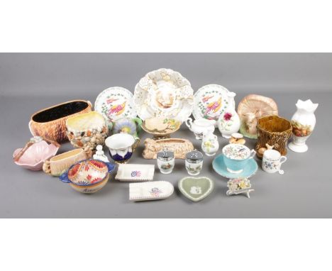 A collection of assorted named ceramics to include Rockingham plate, Meissen teacup, Sylvac, Quimper, Aynsley, Wedgwood, Roya