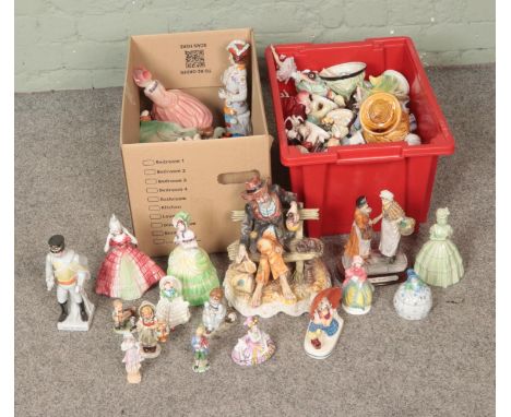 Two boxes of assorted ceramic figures to include Capodimonte, Goebel, Dresden, Katzhutte etc.  