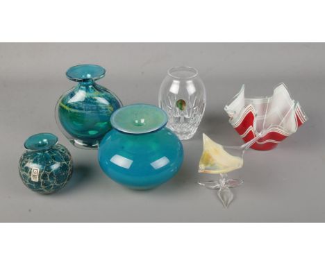 A Murano style glass manta ray together with a selection of Mdina glass vases, Waterford Crystal vase and a glass handkerchie