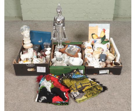 Three boxes of miscellaneous. Includes large silvered composite Buddha, Coalport, Royal Worcester, Masons etc.  