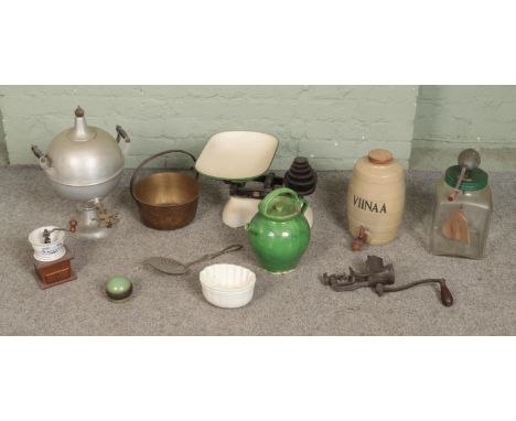 Two boxes containing a collection of assorted kitchenalia, to include jam pan, scales, jelly mould, 'Viinaa' flagon and coffe