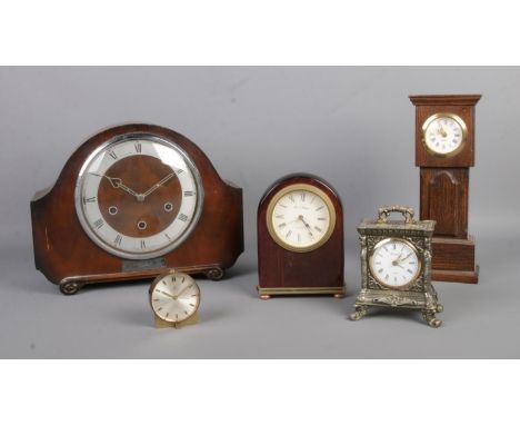 A collection of assorted clocks, to include The Alexander Clark Co Ltd. mantle clock and Cyma Sonomatic 8 and Coral alarm clo