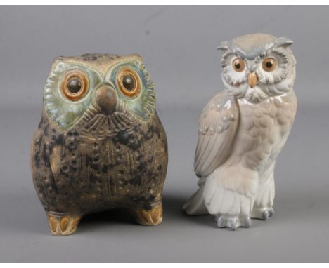 Two ceramic figures of owls; one by Lladro, the other Nao.  