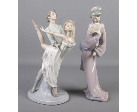 Two Nao figures; dancing couple and Geisha girl. Tallest 33cm.  