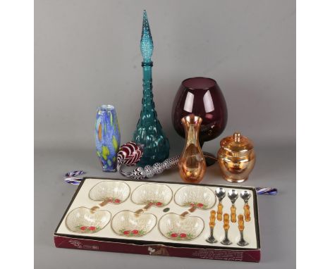 A collection of glass including Murano style pieces, carnival glass ginger jar and vase, glass walking stick (damaged), large