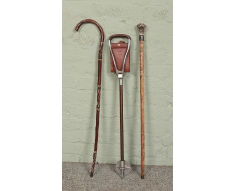 A shooting stick along with two other sticks. One with dog head pommel, the other painted in tribal style.  