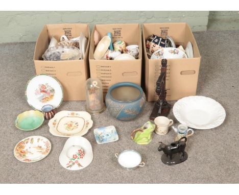 Three boxes of miscellaneous ceramics to include Tony Wood, Carlton Ware, Crown Staffordshire, Langley ware planter, etc.  So
