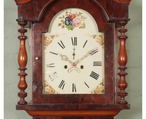 A Victorian Scottish mahogany twin weight longcase clock, on wide base, for restoration. Featuring hand painted face with Rom