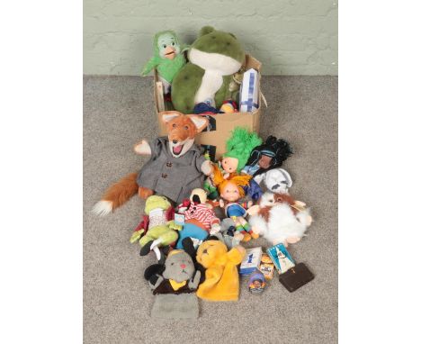 One box of assorted soft toys, playing cards and books to include Steiff Classic Teddy Bear Margerite (039904), Bully, Orvill
