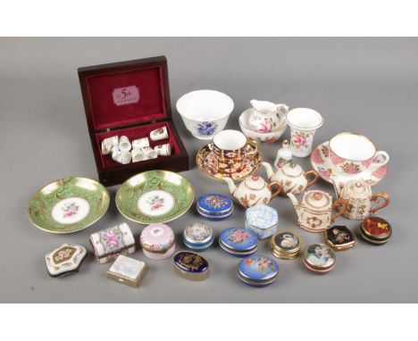 A collection of ceramics. Includes Royal Crown Derby, Minton, Royal Worcester thimbles, pill boxes etc.  
