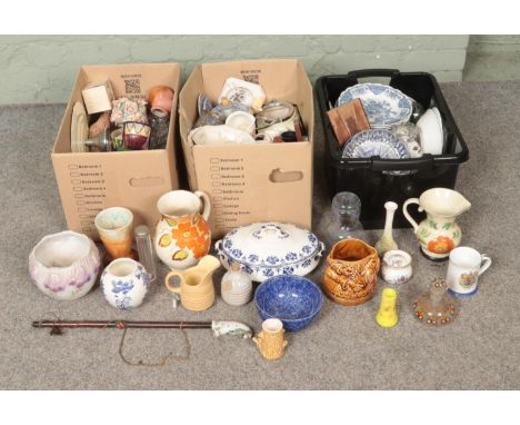 Three boxes of miscellaneous ceramics and glassware to include Masons, Ringtons, Royal Winton, glass paperweight, etc.  