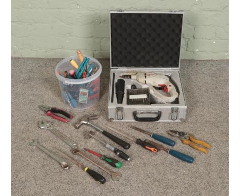 A cased Performance Pro 800W hammer drill, together with a quantity of assorted tools.  