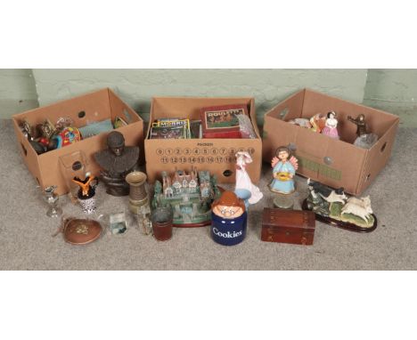 A box of mixed collectables including novelty cookie jar, copper tankard, silver plate items, Chad Valley toy, souvenir paper