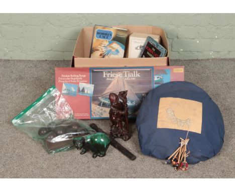 A box of mixed collectables including Authentic Models Holland Friese Tjalk kit, oriental figures, tribal style dagger, Canad