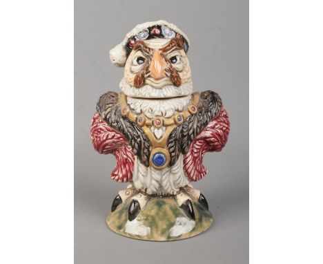 A Burslem Pottery grotesque owl, formed as Henry VIII. Designed by Andrew Hull, inspired by The Martin Brothers. Bearing mark