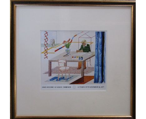 Framed lithographic exhibition poster print by David Hockney (b.1937) for Andre Emmerich 1977 53 cm x 51 cm (size including f