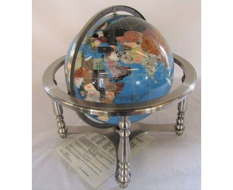 Large Lapis gemstone globe on pewter stand with central compass, total size W 42 cm H 45 cm, globe size 33 cm