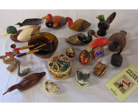 Wooden and ceramic ducks, Russian lacquered bowl, spoons and eggs etc