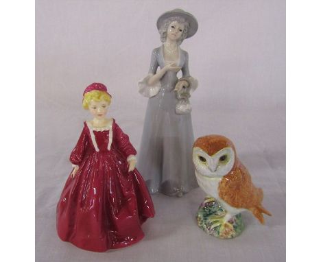 Royal Worcester 'Grandmother's Dress' figurine no 3081, Beswick owl and a Lladro style figurine