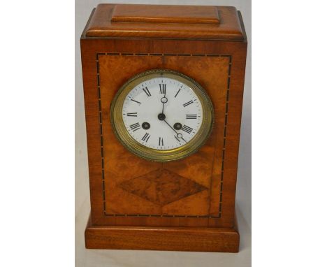 Mixed wood Art Deco mantel clock with enamel dial Ht 30cm