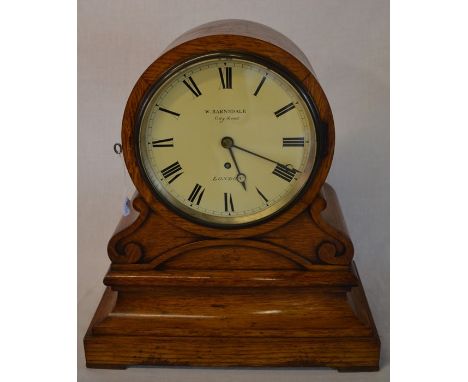 Victorian mantel clock in an oak case with enamel dial, maker W.Barnsdale, City Road, London to dial &amp; engraved to back p