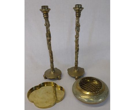 Pair of Oriental brass lamp bases / candlesticks with raised dragon motifs, small brass tray with incised decoration and bras
