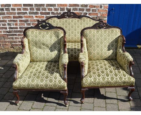 Late 19th / early 20th century carved mahogany two seater sofa and matching chairs on cabriole legs