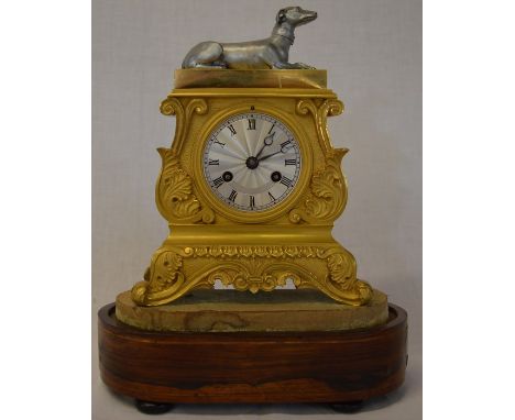 French gilt &amp; silvered clock on a rosewood base with greyhound to pediment, with Legrand mark Ht 30cm