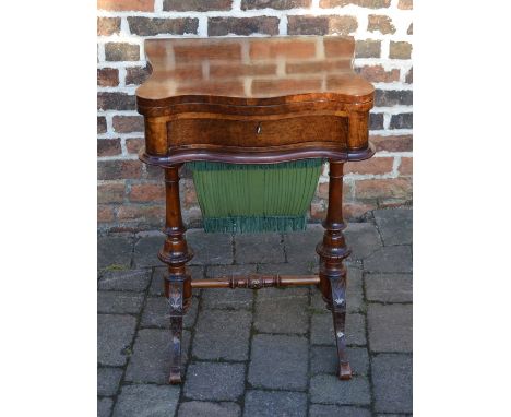 Victorian burr walnut veneer serpentine fronted games &amp; work table opening to reveal backgammon &amp; checker boards with