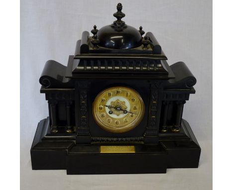 Early 20th century slate mantel clock with plaque inscribed 'Presented to Chief Officer I H McCarthy ...........Aug't 1905' H