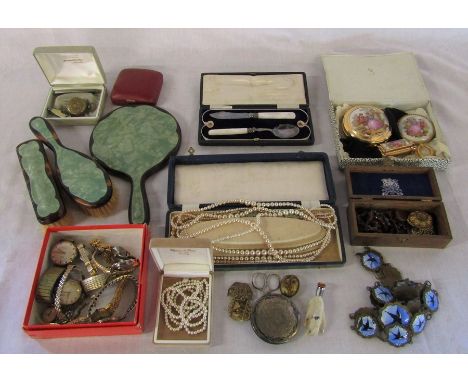 Various costume jewellery, pearls, dressing table set, compact etc