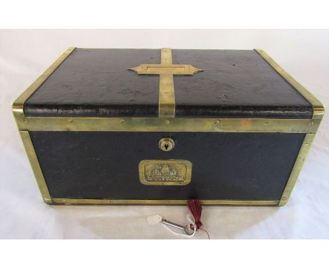 Regency leather and brass bound wooden trunk marked 'Handfords Patent Trunk no 6 Strand London' with Bramah lock L 14.4 " H 6