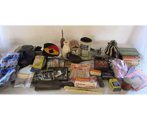 Various vintage kitchenalia etc inc First Aid kit, cake knife, lifebouy soap, tins, table top mincer, wooden dolly pegs, rati