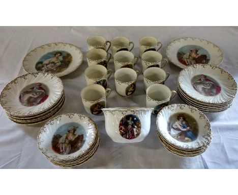 Continental porcelain tea service with transfer printed classical scenes and gilt decoration with two different factory marks