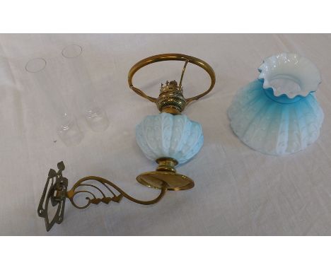 Victorian brass wall mounted paraffin lamp with blue glass paraffin reservoir , 2 chimneys and matching shade (shade has some