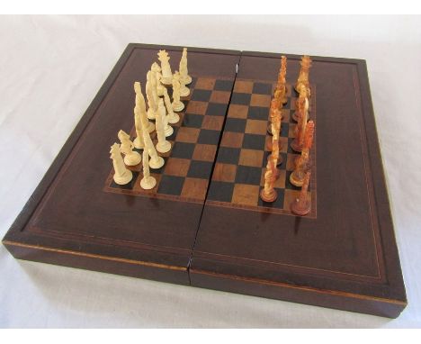 Late 19th century folding chess &amp; backgammon&nbsp;board with Oriental chess pieces