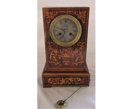 19th century marquetry inlaid rosewood mantel clock H 35.5 cm (missing one front foot)