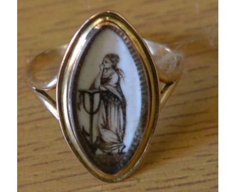 Tested as 9ct gold Victorian mourning ring depicting a woman &amp; engraved 'Mary Parkinson Hair' size O