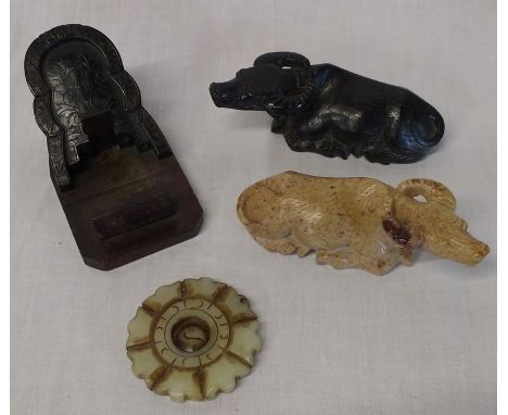 2 carved soapstone water buffaloes, Chinese soapstone novelty and a Chinese celadon jade pendant