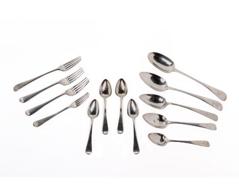 A GROUP OF ASSORTED GEORGE III AND LATER SILVER FLATWARE
To include two table spoons, 1802 and 1868; three dessert forks, one