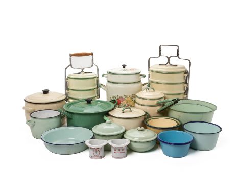 A LARGE GROUP OF KITCHEN ENAMEL WARE
To include tiffin container, bowls, lidded pots etc., in pale green and yellow, together