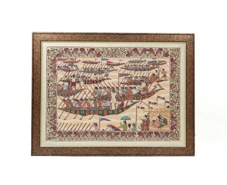 A SOUTH ASIAN EMBROIDERED PANEL
Of longboats and figures within a foliate boteh motif border
58cm x 84cm; with frame 77cm x 1