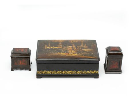 A GROUP OF RUSSIAN LACQUER TABLE BOXES
The large example decorated to the cover with a view of the Kremlin, signed in cyrilli