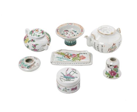 A GROUP OF FAMILLE ROSE PORCELAIN ITEMS
Comprising a squat circular water pot, a teapot, a rectangular panel, a stem dish, be