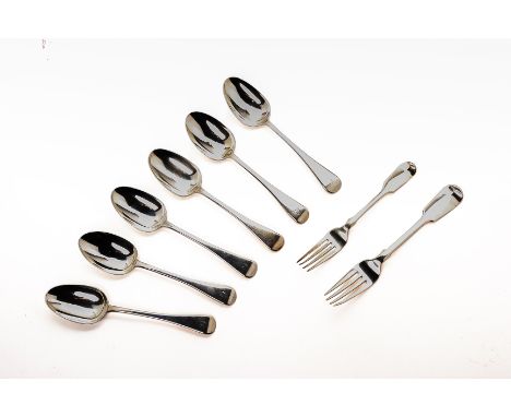 A GROUP OF EARLY VICTORIAN SILVER FLATWARE
Charles Lias, London, 1840-1848
Comprising a set of six dessert spoons; a table fo